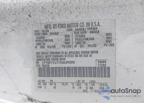 2001 Ford F-150 Xl/Xlt z USA, uszkodzony, nr VIN 1FTRF17L71NA49390